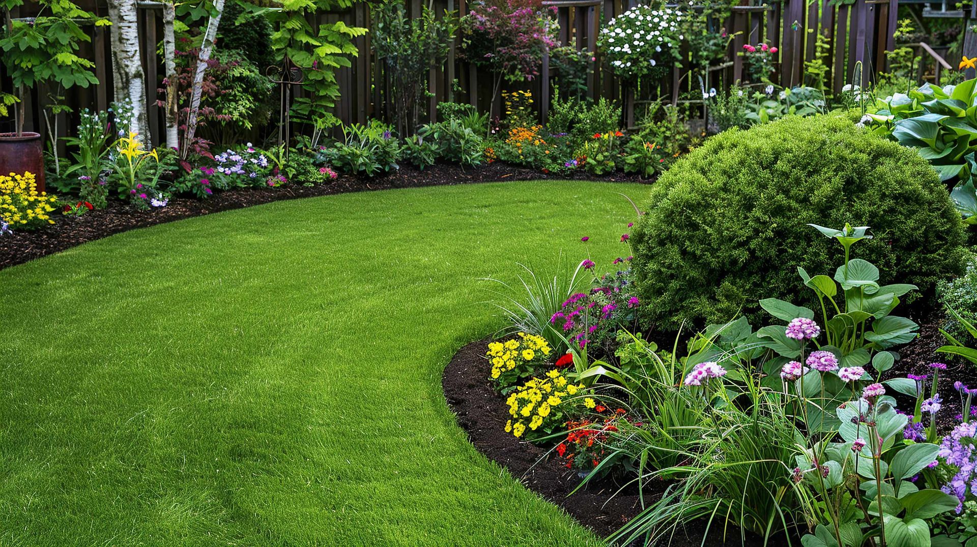 A lush green lawn curves alongside a colorful flower bed with a large, rounded shrub against a dark wooden fence.