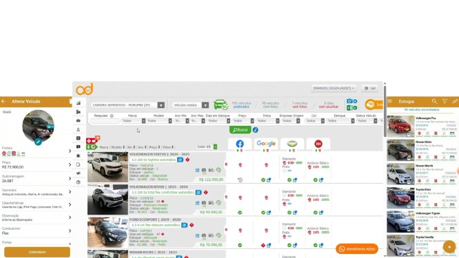 Painel de controlo de uma página Web, com um painel de perfil à esquerda, uma tabela central de itens e pequenas miniaturas de veículos à direita