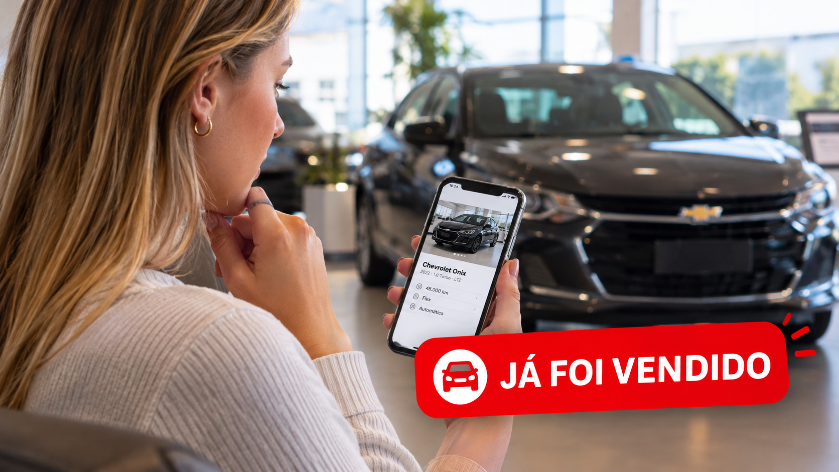 Woman viewing a black SUV in a showroom with a red banner reading “JÁ FOI VENDIDO” on her phone.