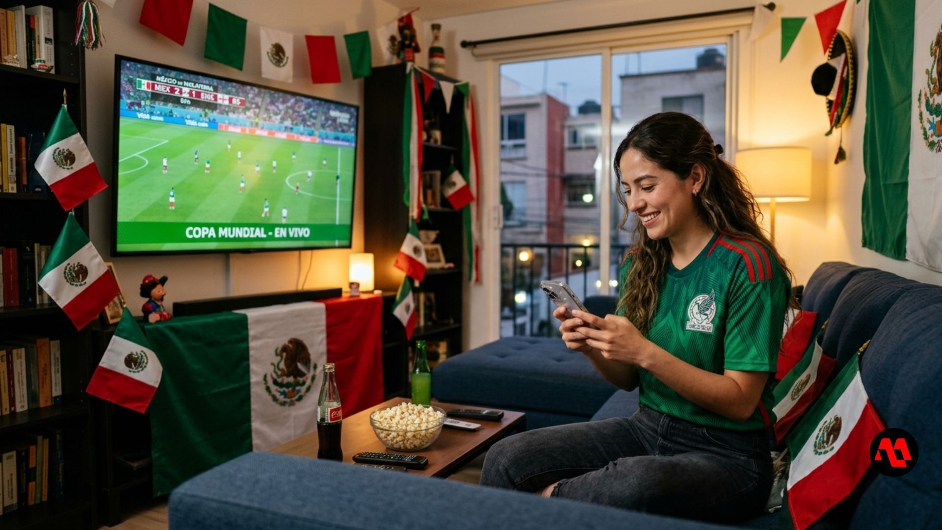 Person on a couch watching soccer on TV, smiling at a phone, with Mexican flags decorating the room.