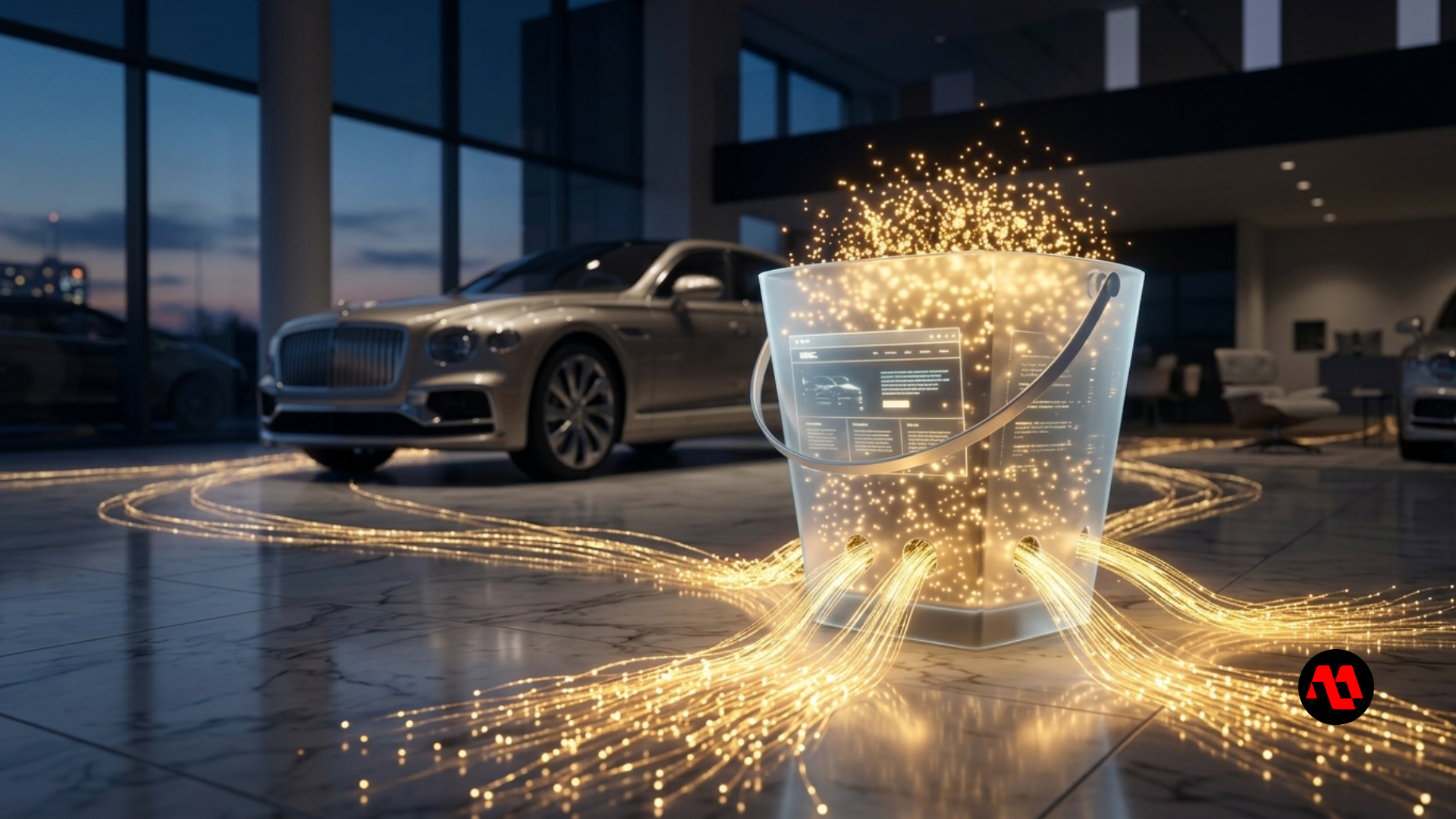 Silver sedan in a wet garage beside a sparkling bucket, with dramatic lighting and reflections on the floor