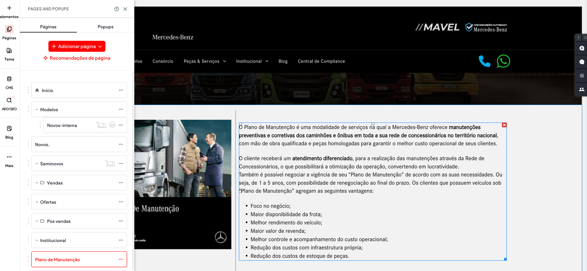 Página web com barra lateral esquerda, banner de cabeçalho preto e painel de conteúdo exibindo uma foto e um bloco de texto.