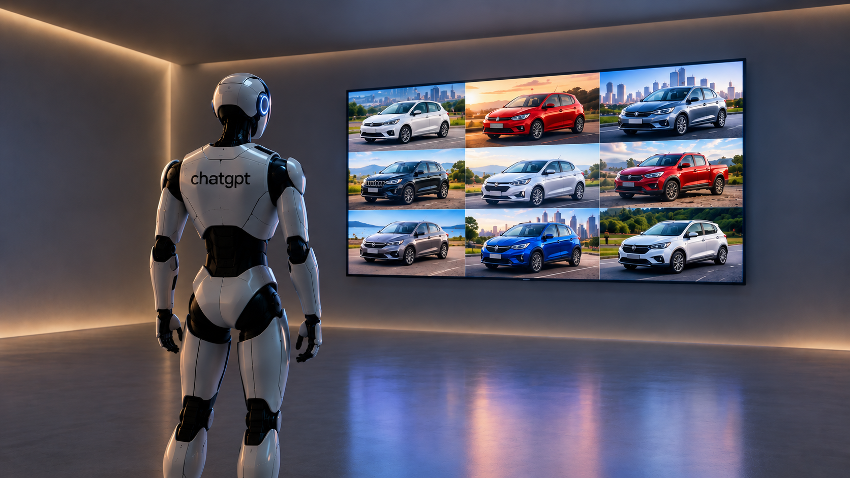 Humanoid robot standing in a modern room beside a wall display of colorful cars