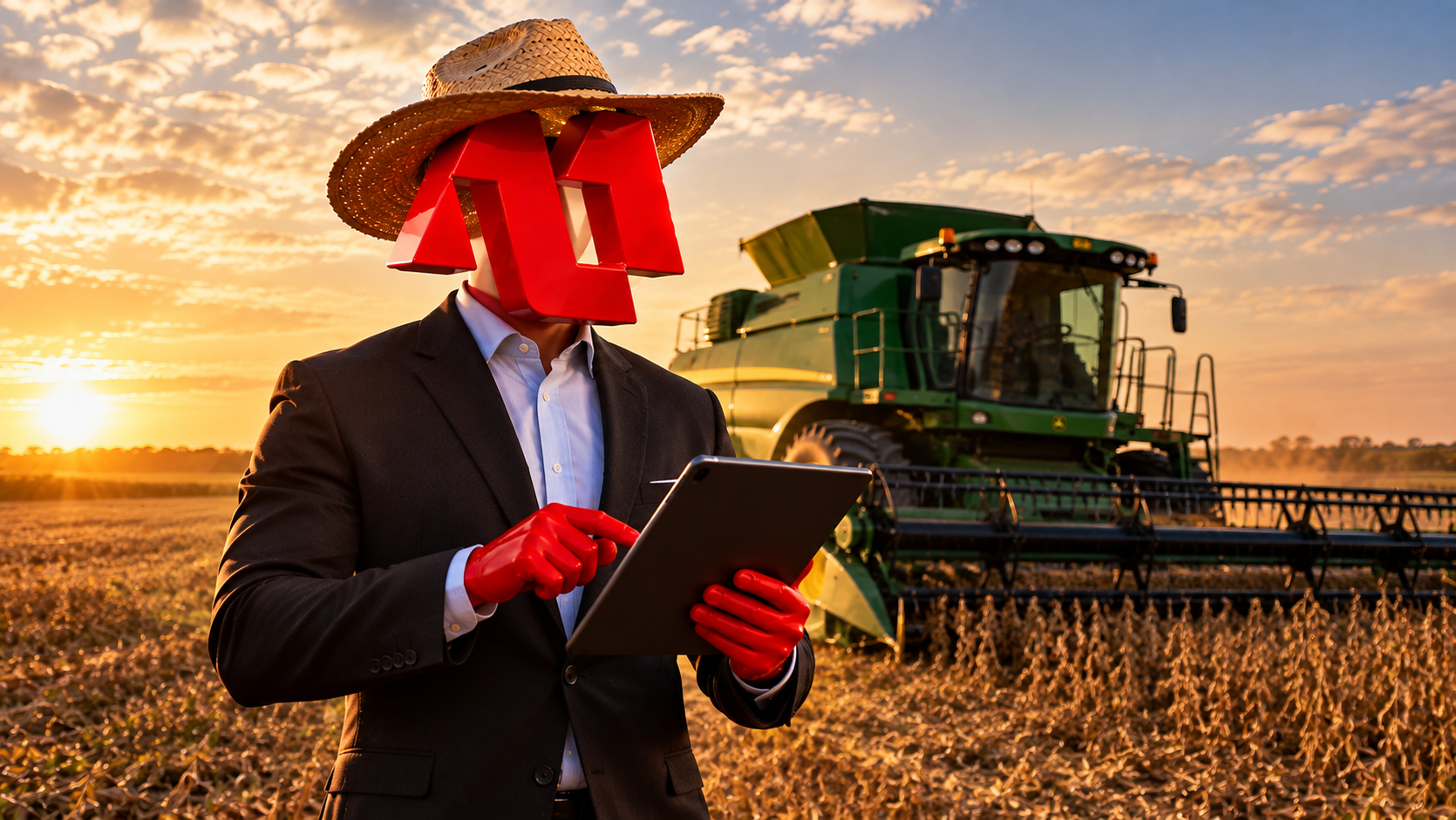 Farmer in a suit and straw hat holding a tablet in a wheat field at sunset, with a combine behind him