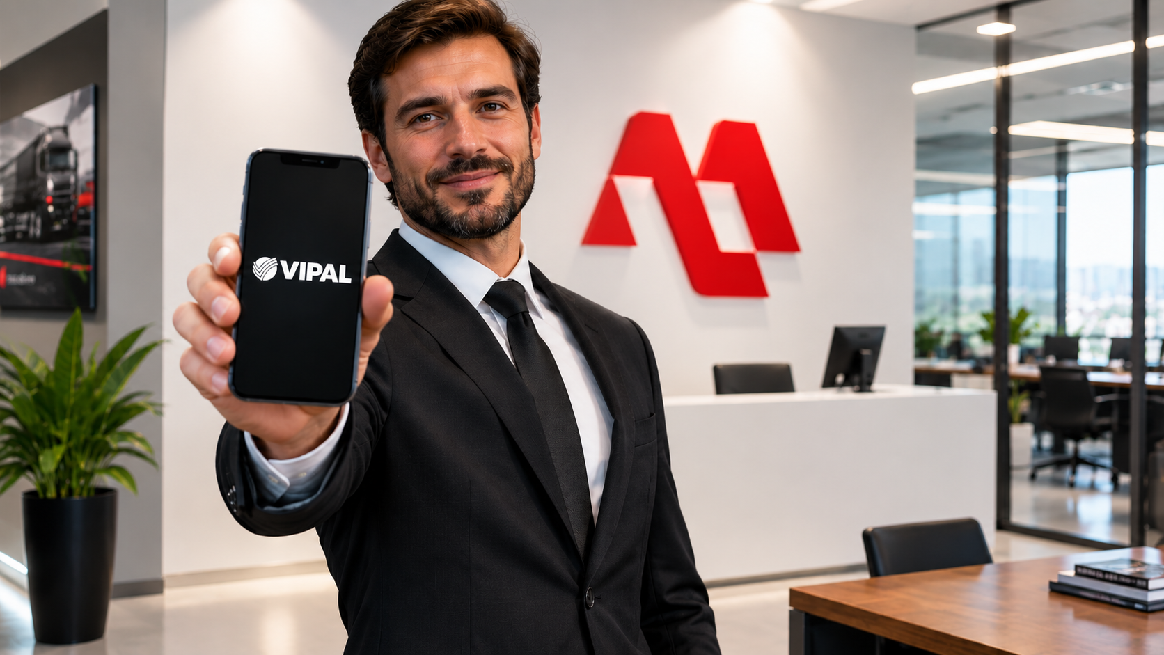 Man in a suit holding up a smartphone in a modern office lobby with a red logo behind him