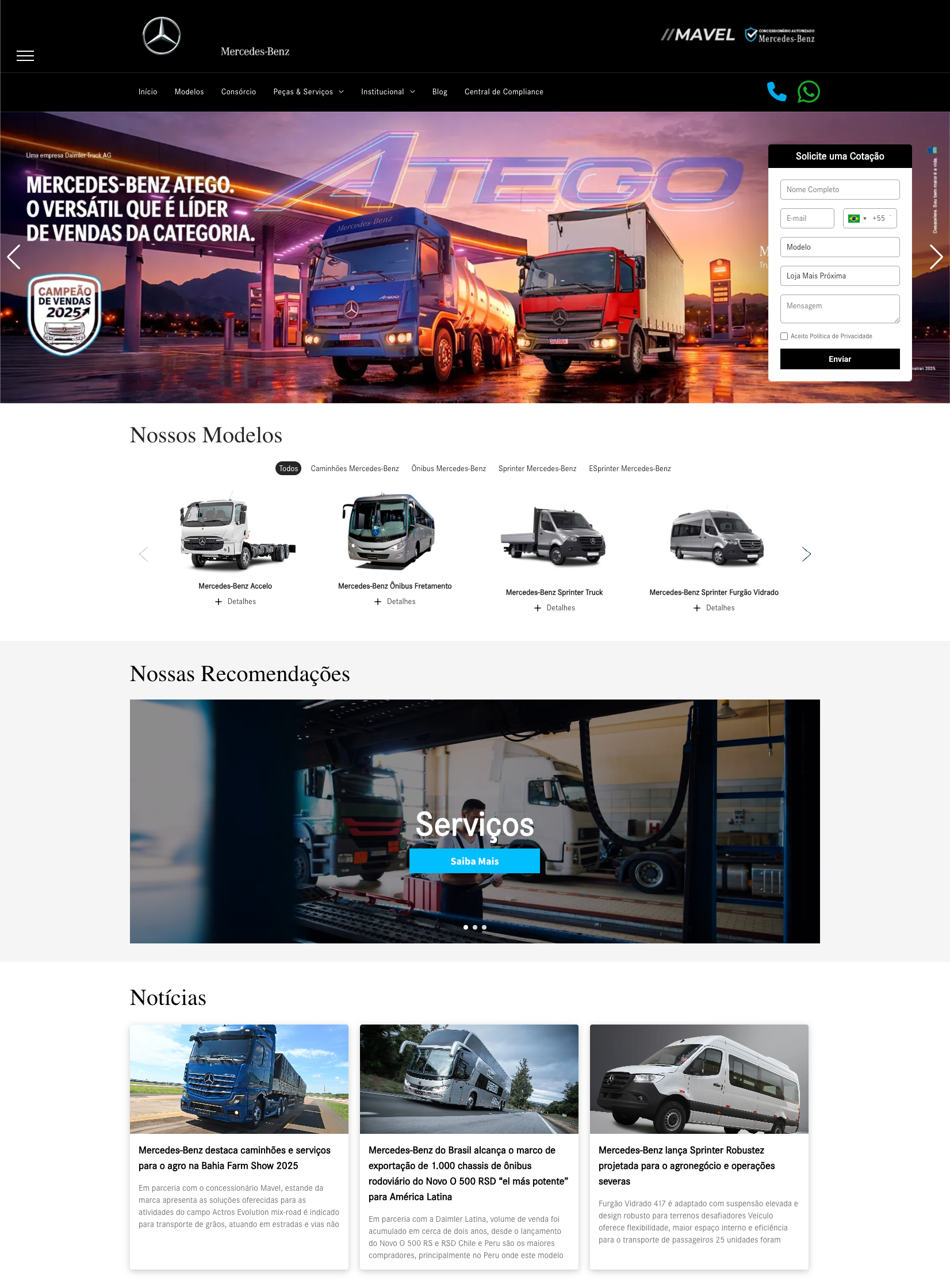 Página inicial de um site de logística de caminhões com um banner principal de caminhões ao pôr do sol e seções de serviços abaixo.