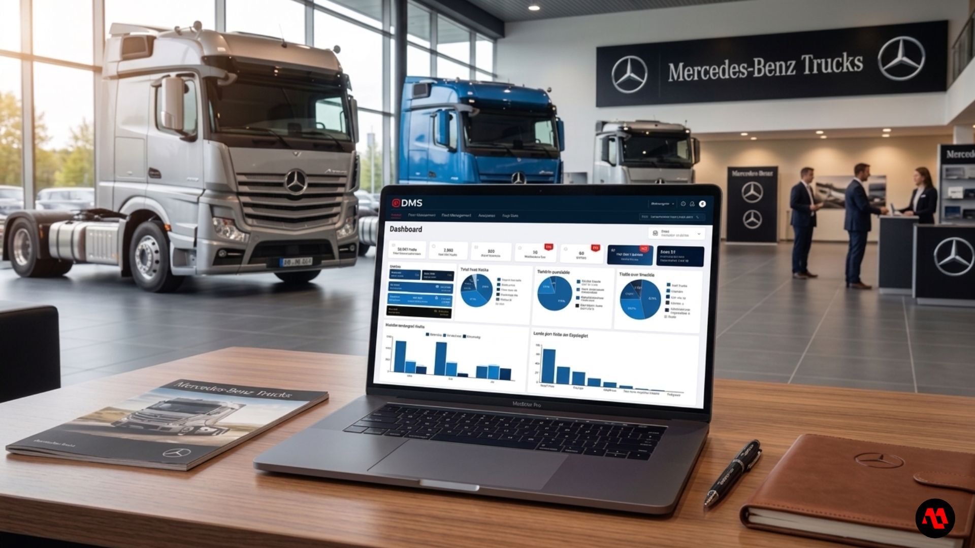 Two Mercedes-Benz trucks in a showroom, with an open laptop displaying analytics on a wooden table in front.