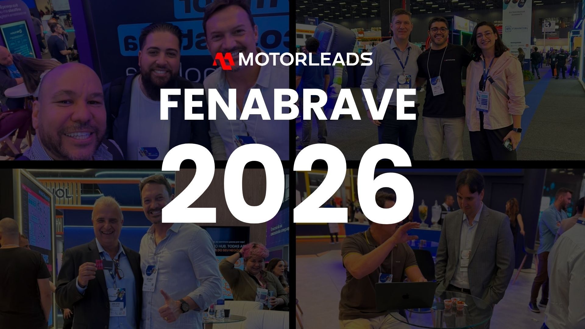 Two men smiling at a MotorLeads trade show booth, one holding a drink.