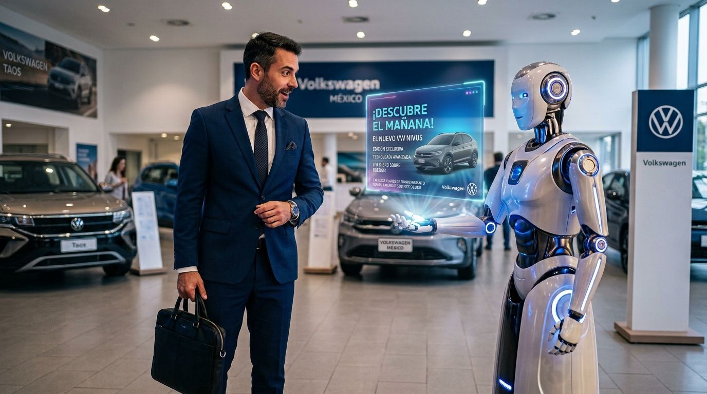 Man in navy suit faces humanoid robot in Volkswagen showroom with cars and digital display.