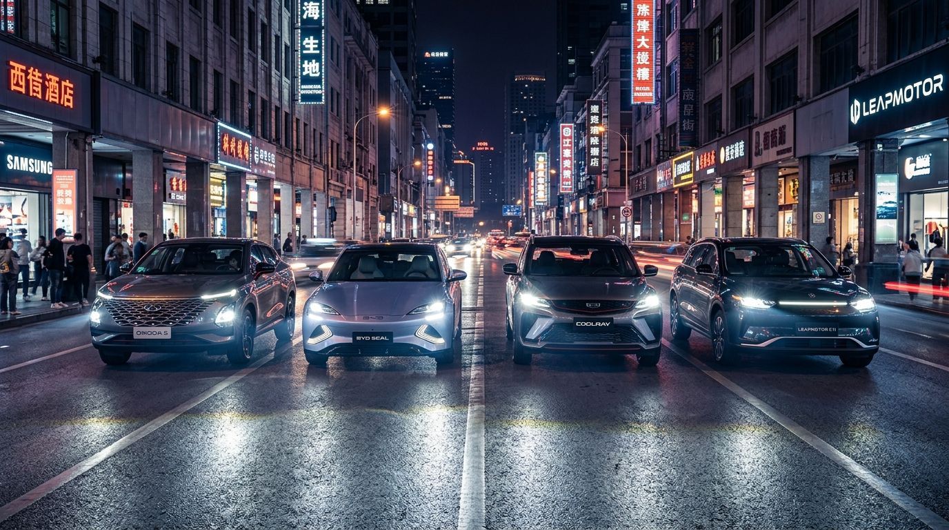 Rainy city street at night with cars and glowing neon signs reflecting on wet pavement
