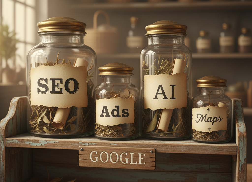Four jars labeled SEO, Ads, AI, and Maps on a shelf labeled Google.