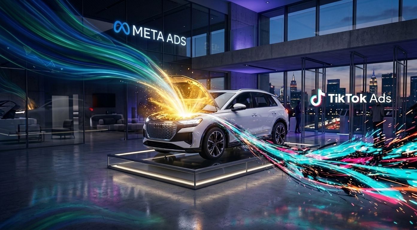Futuristic car with neon streaks, labeled Meta Ads and TikTok Ads, in a dark showroom.