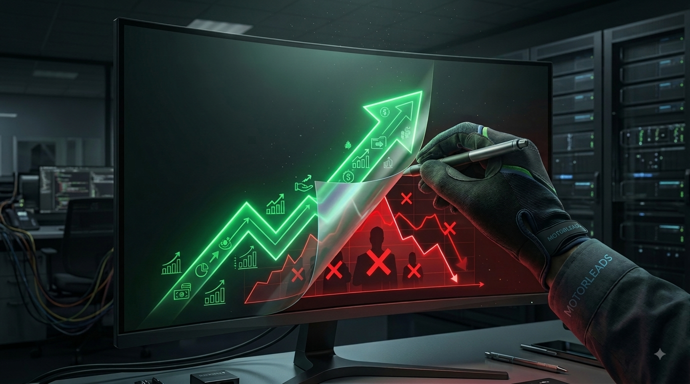 Gloved hand holds a tablet with green rising and red falling charts in a dark tech office