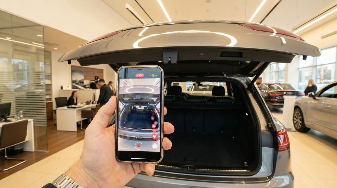 Hand holding a smartphone in an SUV showroom, showing the open trunk of a black vehicle.