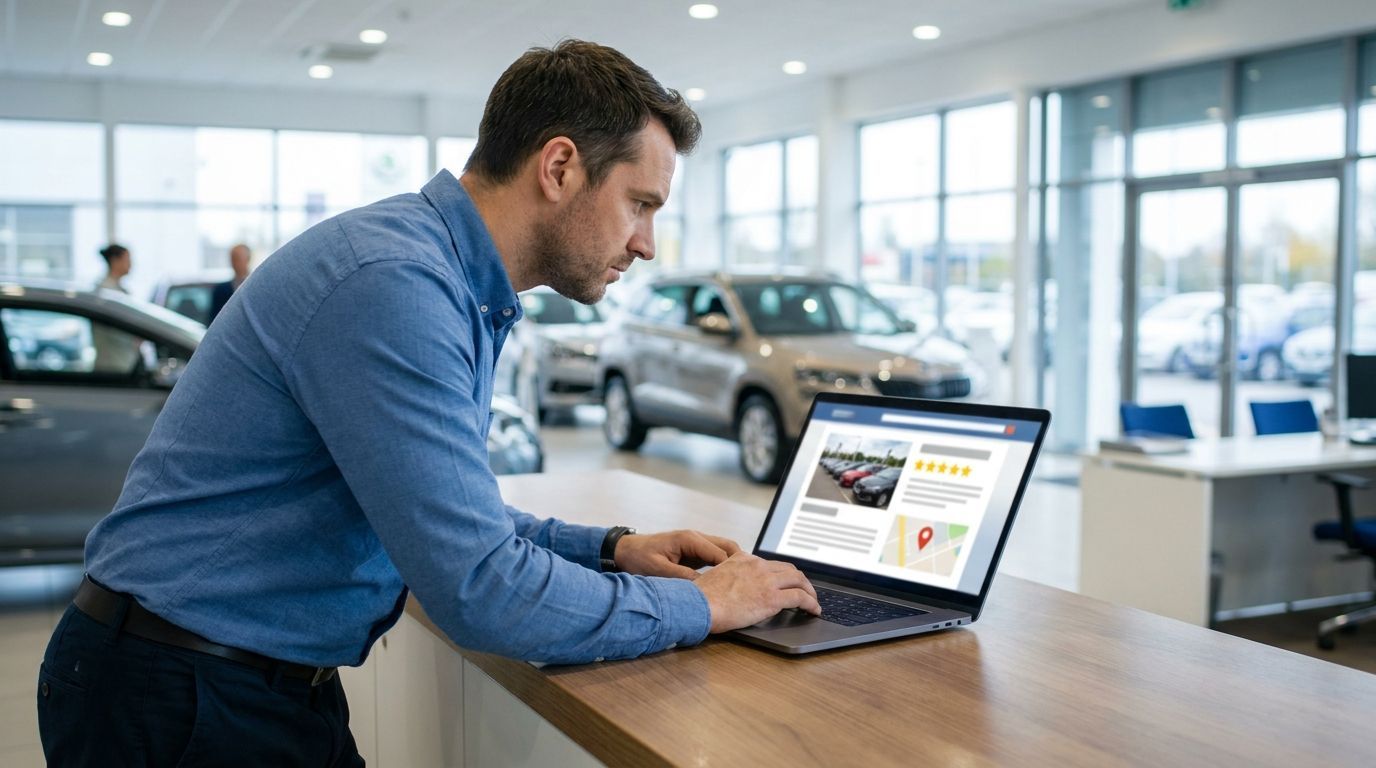 Man in blue shirt using a laptop at a car dealership showroom counter