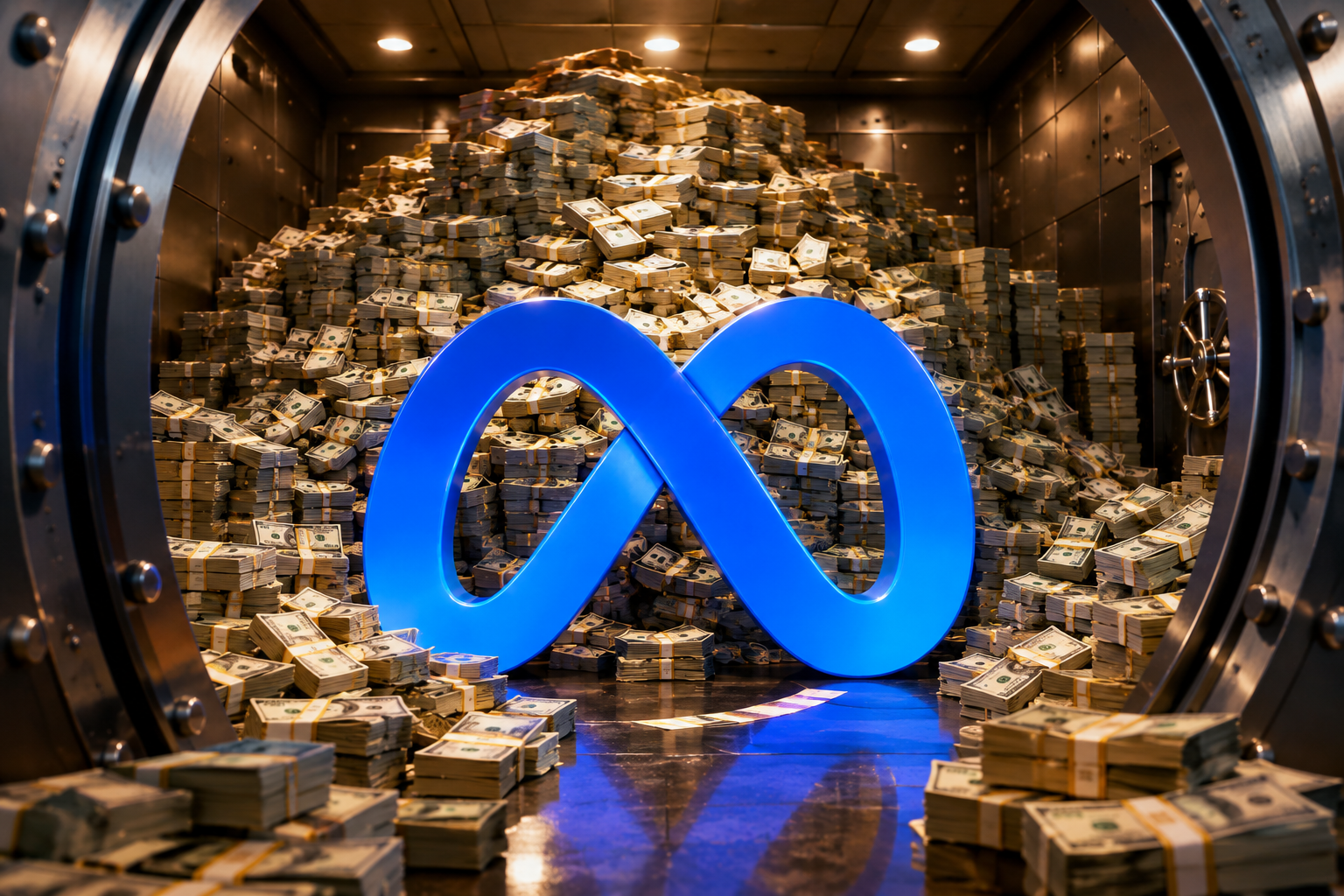 Blue Meta logo in front of a vault filled with stacks of cash and gold bars