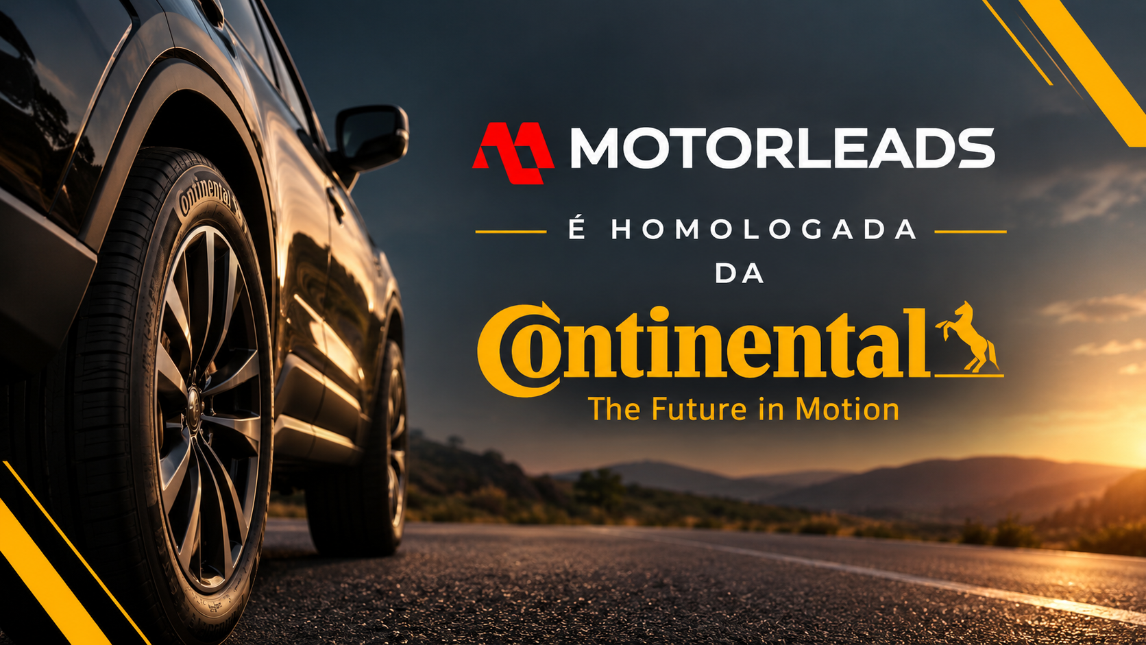 MotoLead and Continental branding over a road scene with a car tire, sunset, and mountains