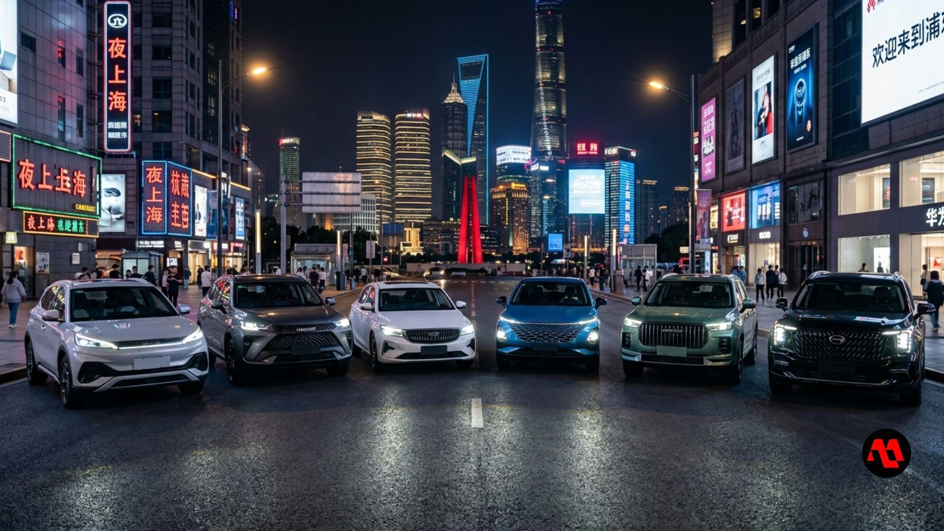 Six cars lined up on a wet city street at night with bright neon signs and skyscrapers behind them