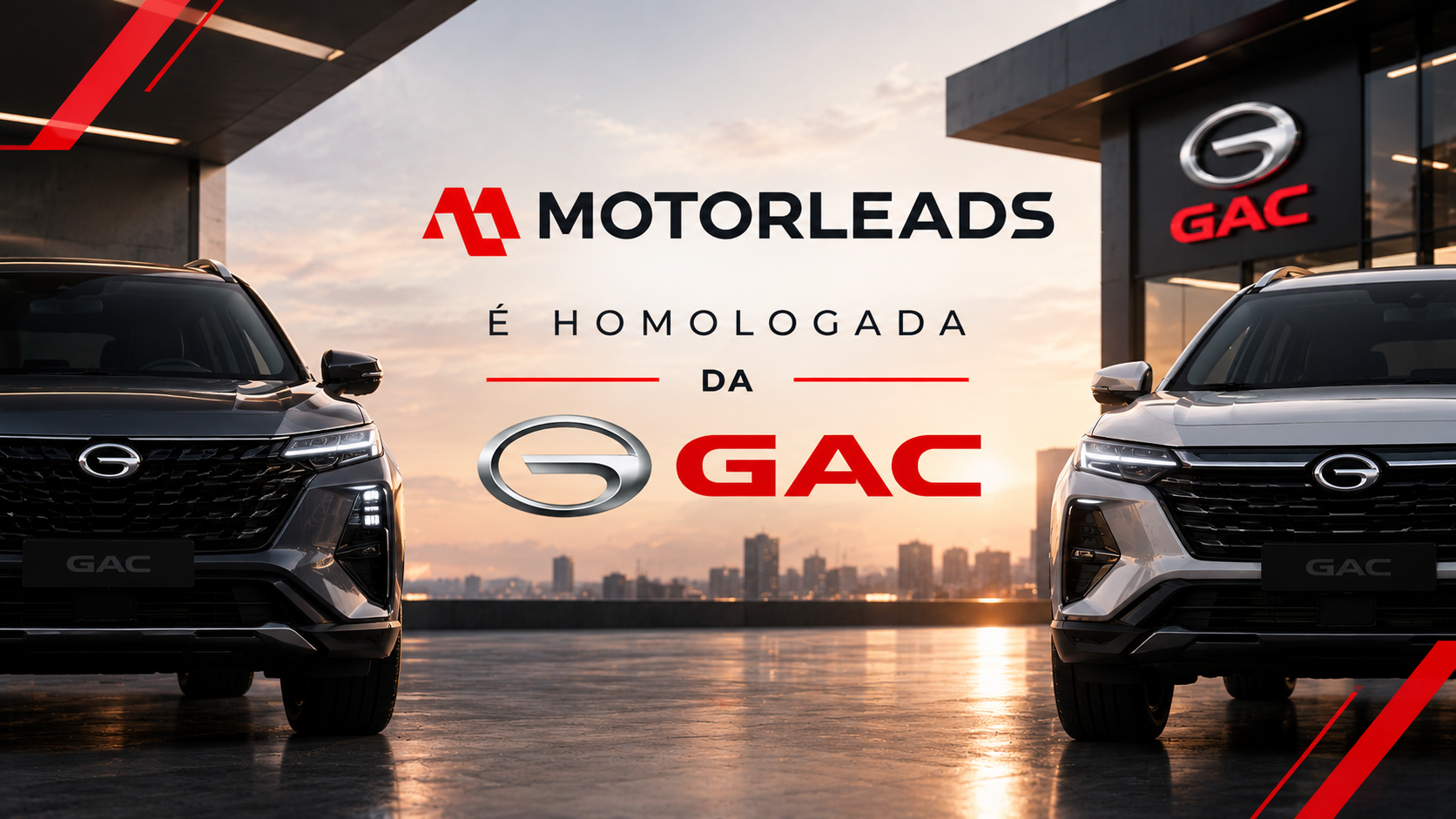 Motorleads e GAC em destaque com dois carros GAC pretos em uma cena urbana ao pôr do sol