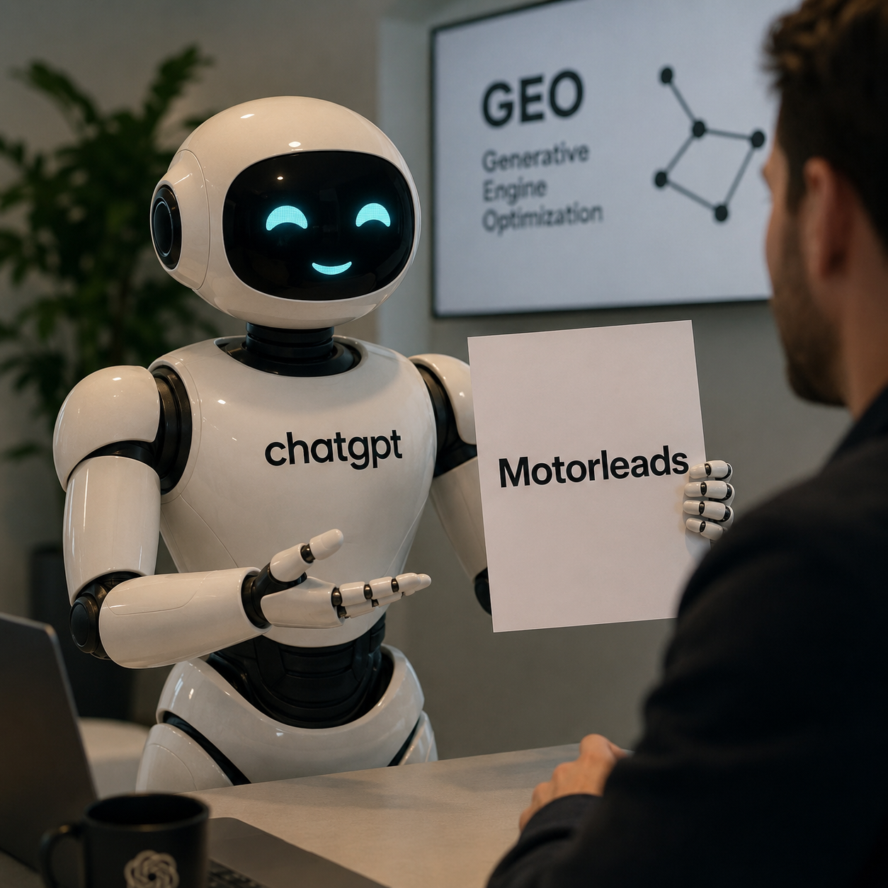 ChatGPT robot presents Motorleads at a GEO meeting with a whiteboard in a modern office