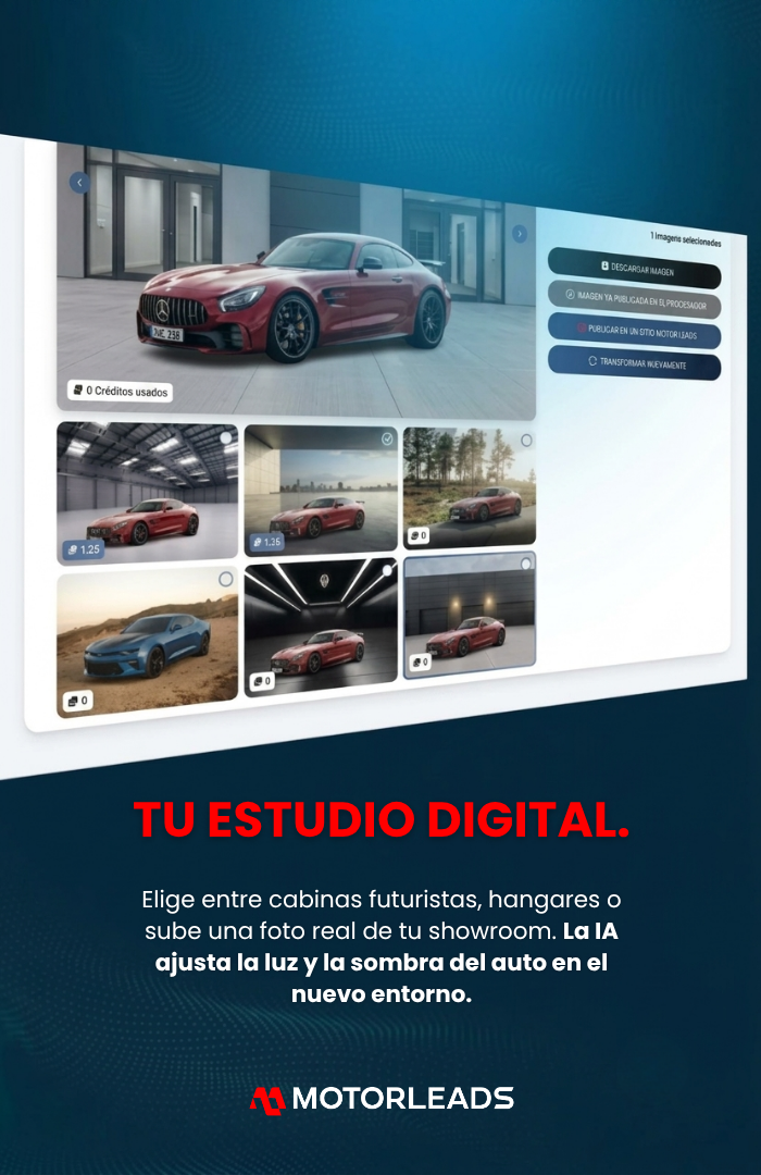 Folleto digital de estudio automotriz en color verde azulado oscuro con un collage de autos y texto de título en rojo.