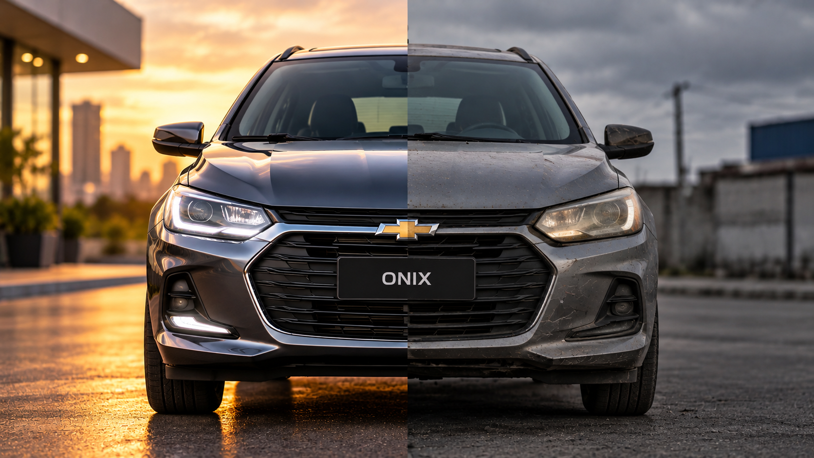 Front view of a black Chevrolet SUV parked on a wet road at sunset