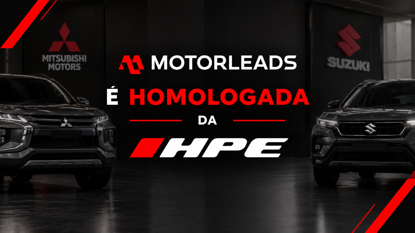 Promoção Motors: Mitsubishi e Suzuki; “é homologada da HPE” em fundo preto com carros