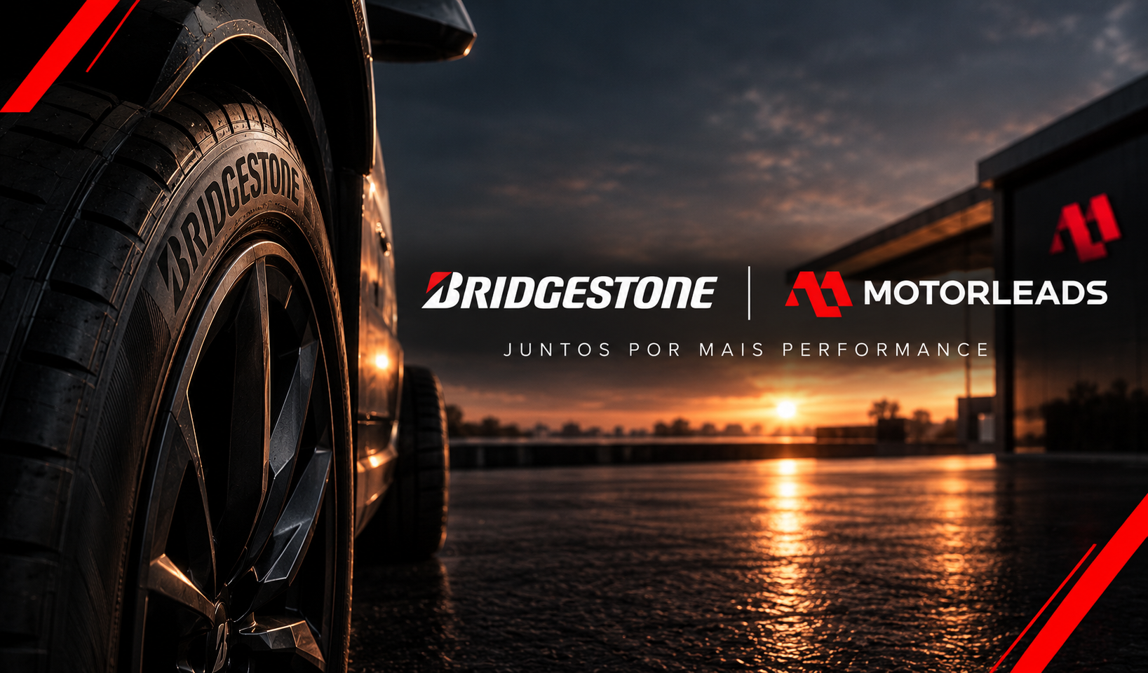 Bridgestone and Motorheads branding over a wet road at sunset, with a car tire on the left