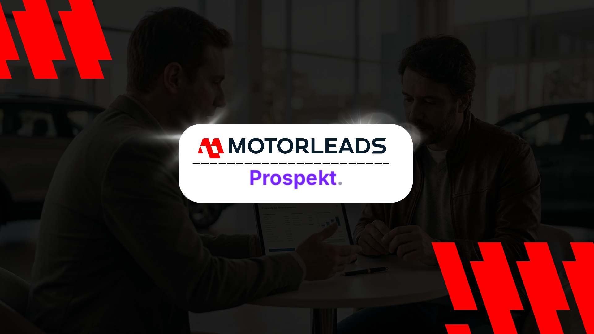 MOTOPLEADS Prospect logo centered over dark meeting scene with red graphic accents