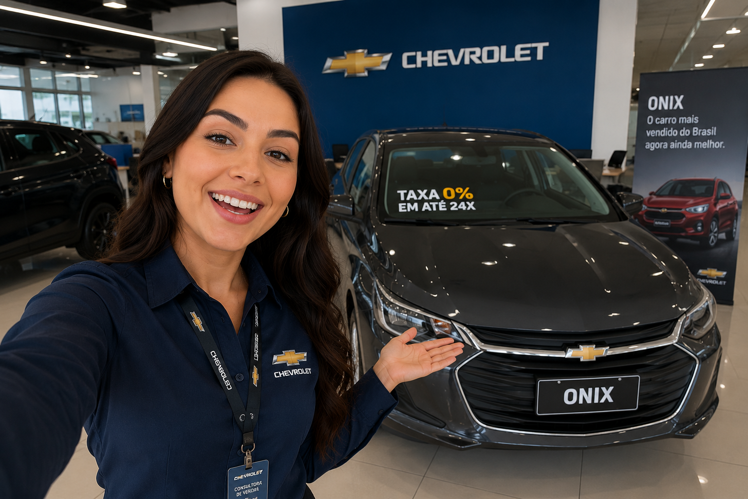 Woman presenting a black Chevrolet Onix in a dealership showroom