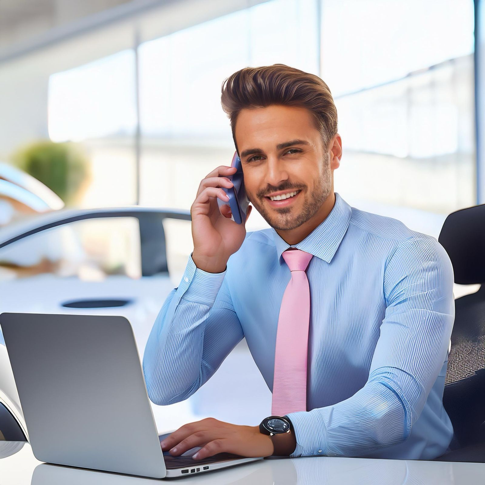 A man in a blue shirt and pink tie is sitting in front of a laptop and talking on a cell phone.