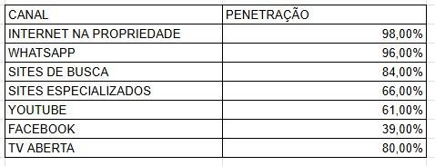 Tabela com canais e percentuais de penetração: internet 98%, WhatsApp 96%, sites 84%, Facebook 39%, TV aberta 80%.