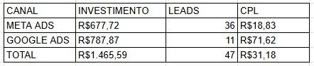 Table showing Meta Ads, Google Ads, and total investment, leads, and CPL values.