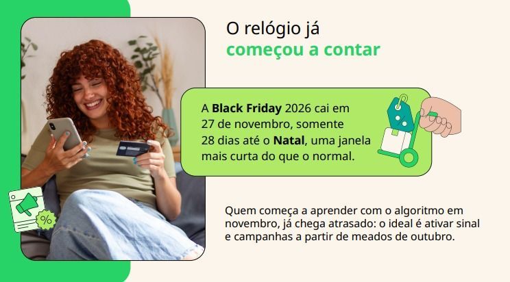 Mulher sorrindo segura cartão; banner verde anuncia Black Friday 2025 e contagem regressiva para 2026.