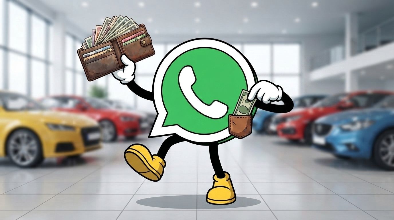 Cartoon WhatsApp logo running with a gift, in a bright car showroom with cars in the background