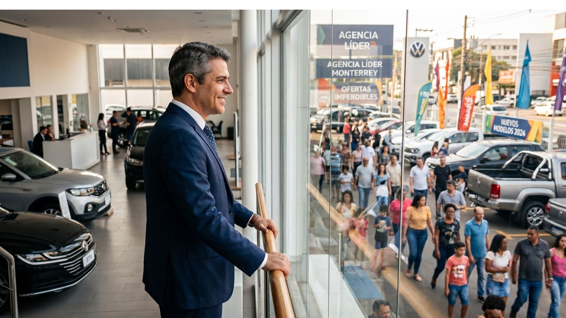 Man in blue suit overlooking a busy car showroom and outdoor crowd through glass railing