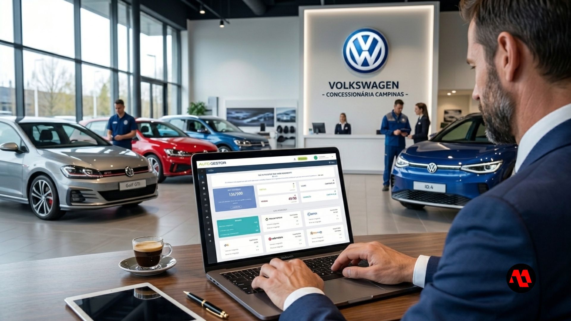 Volkswagen showroom with cars on display and a person working on a laptop at a desk