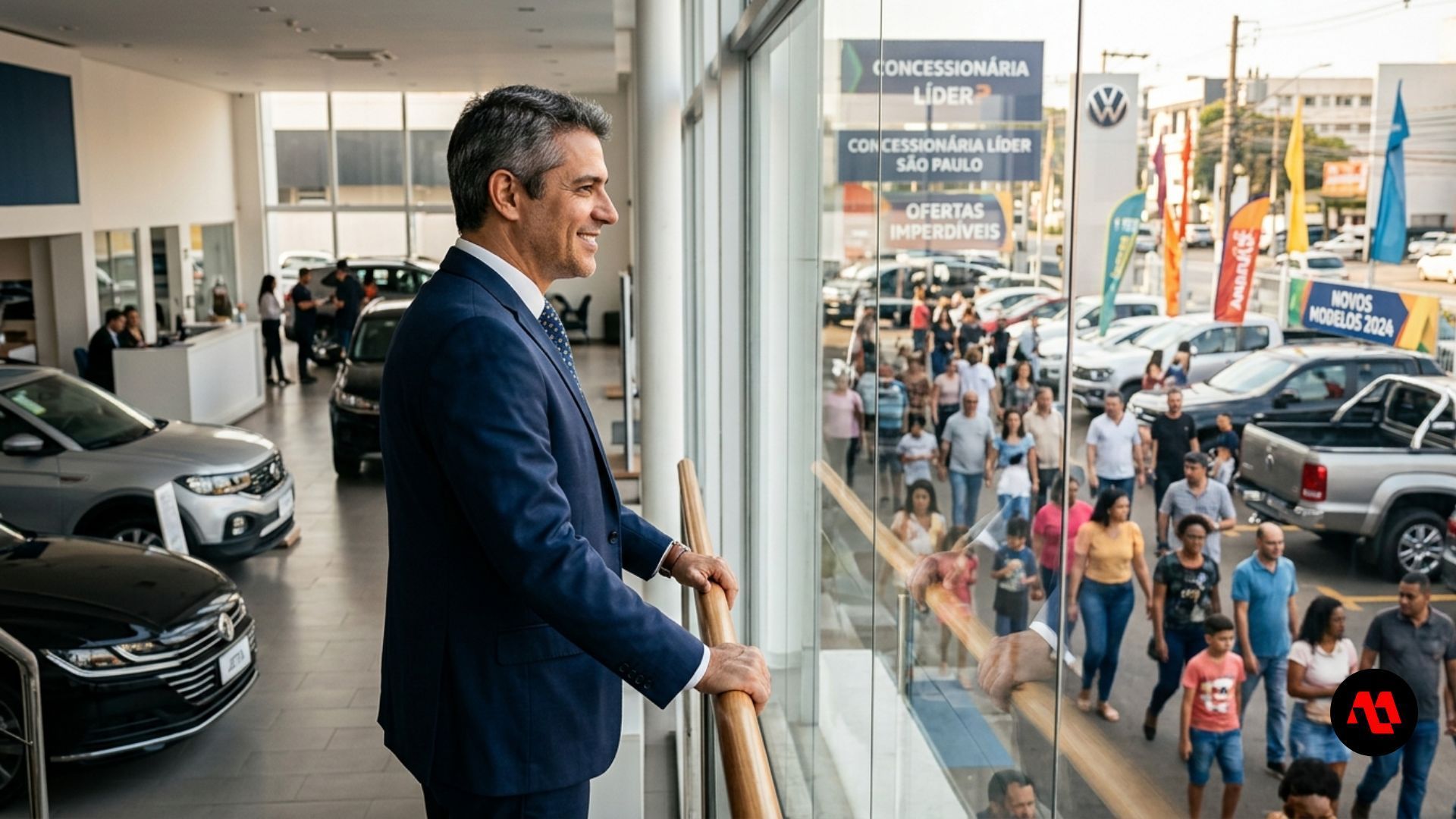 Man in a blue suit looking over a busy car showroom and crowd outside through large glass windows