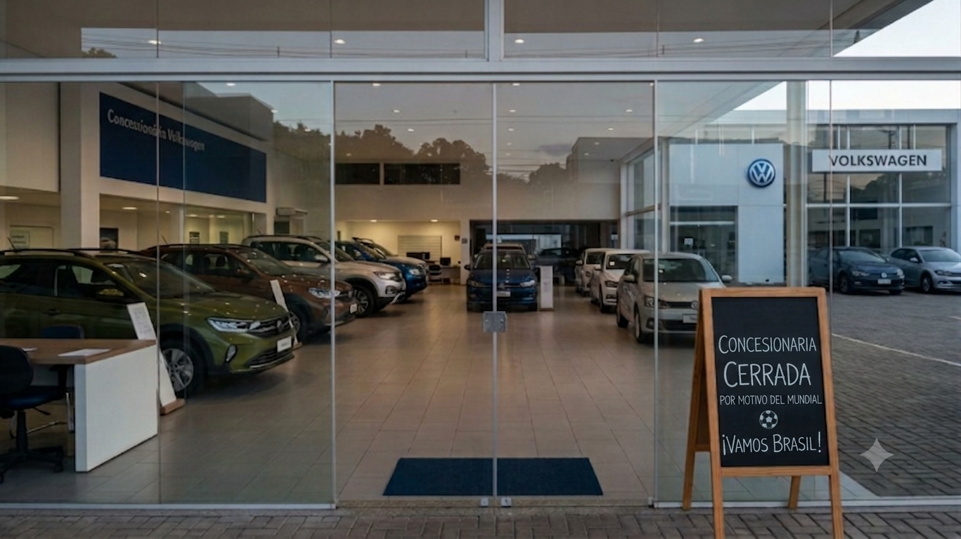 Car dealership showroom with cars on display, glass entrance, and a chalkboard sign outside