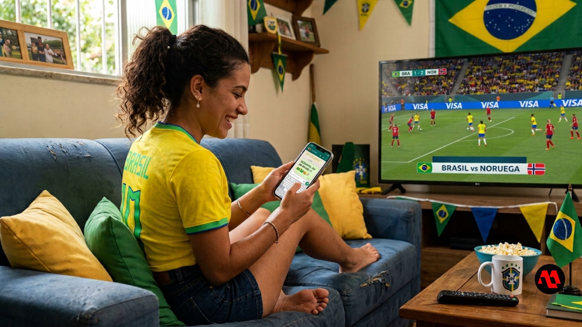 Woman on couch watching a soccer match on TV and using her phone in a Brazil-themed living room.