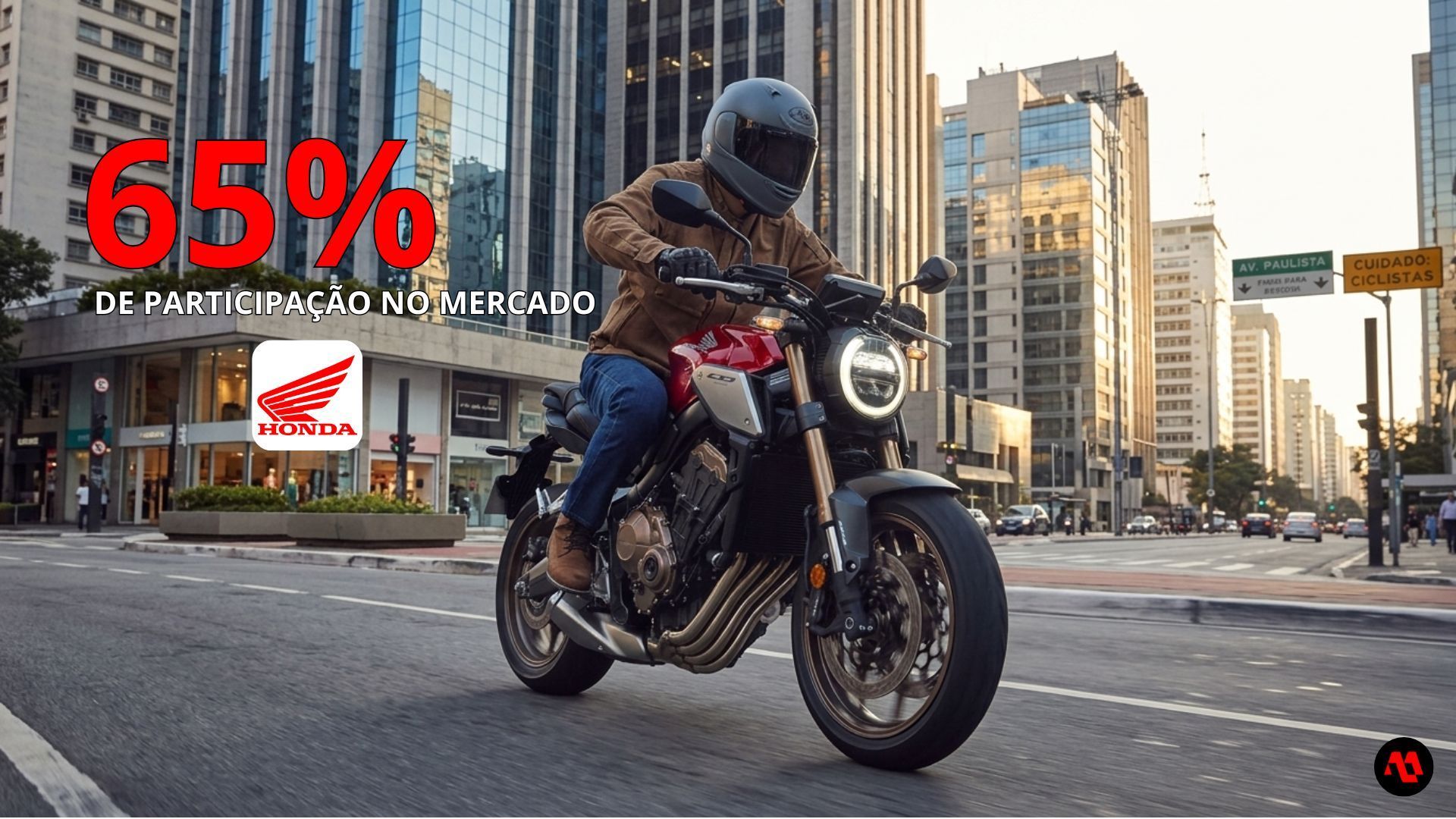 Motorcyclist in black gear rides a red bike through a city street, with “65%” text overlay.