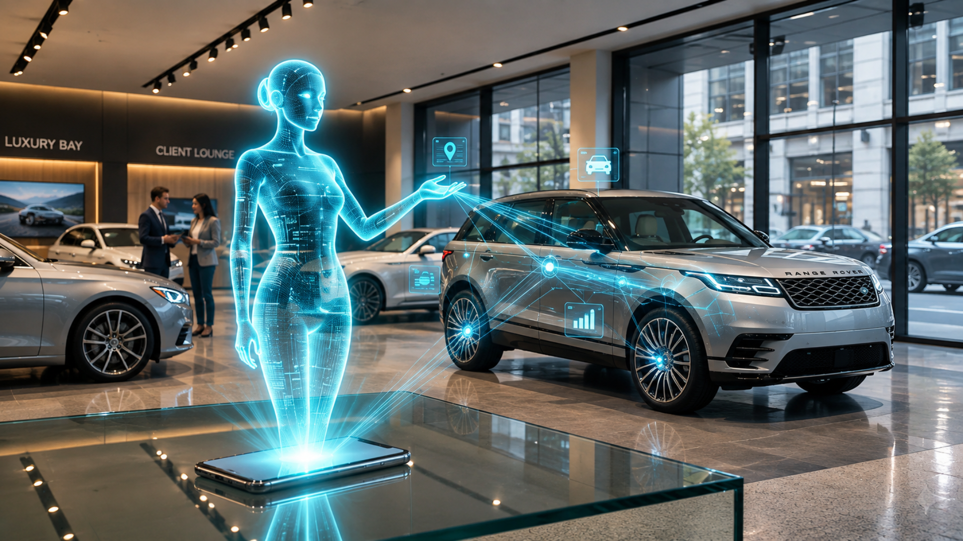 Futuristic blue holographic person beside cars in a luxury showroom