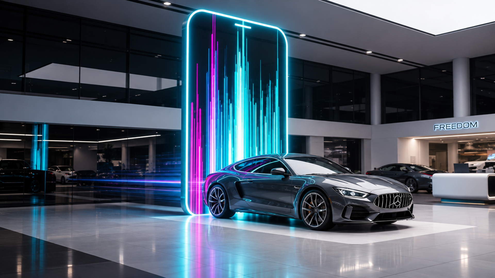 Sleek silver sports car in a modern showroom beside a neon blue and pink illuminated display.