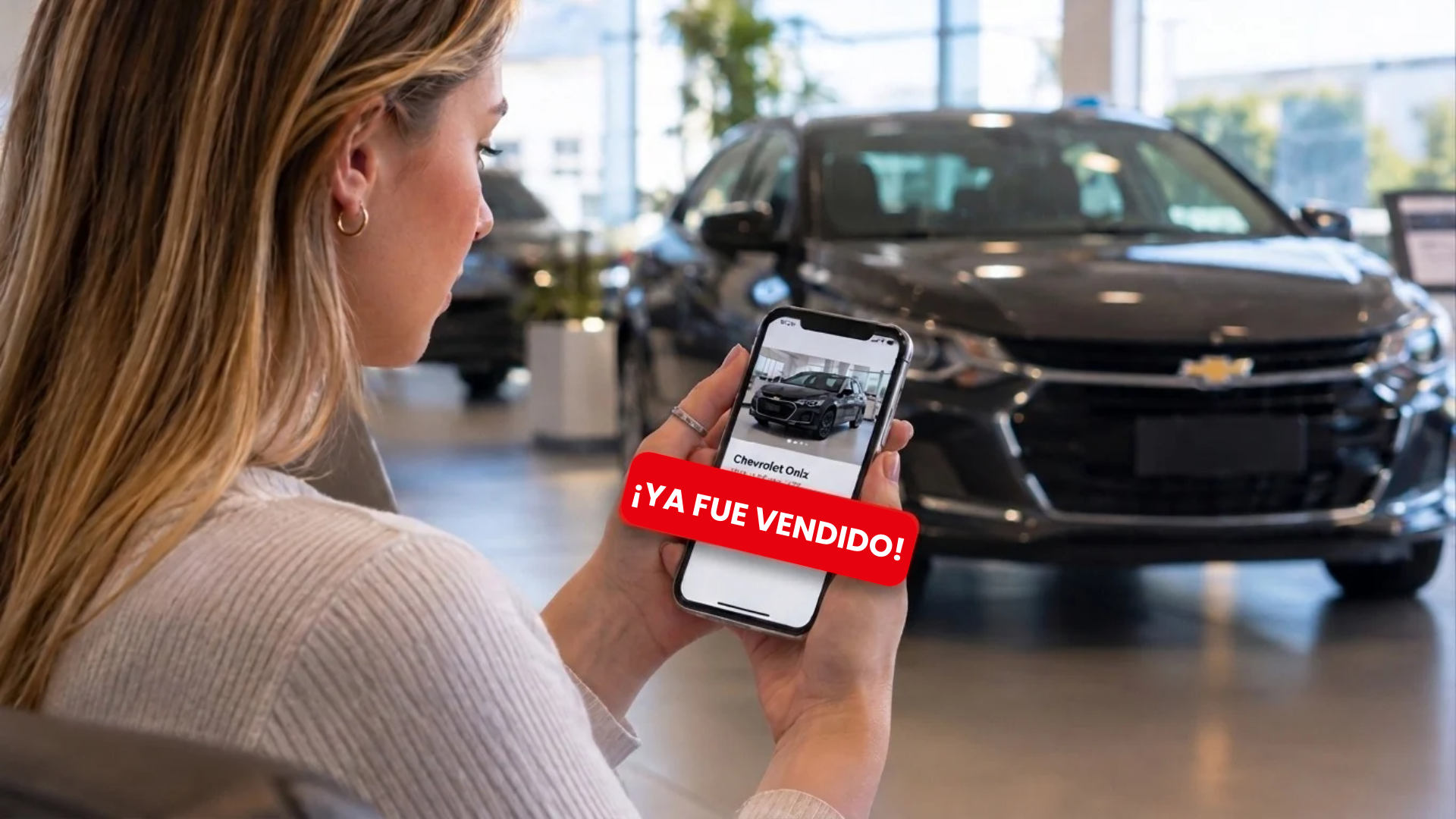 Woman holding phone with “I ♥ my car” app in a car dealership showroom, facing a black SUV