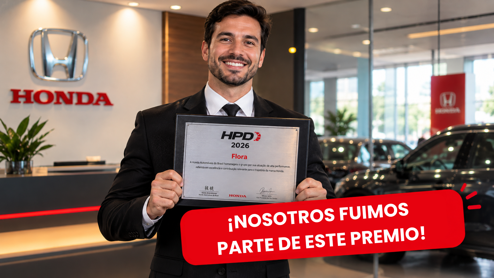 Man smiling in a Honda showroom, holding a plaque with a red banner reading “¡NOSOTROS FUIMOS PARTE DE ESTE PREMIO!”
