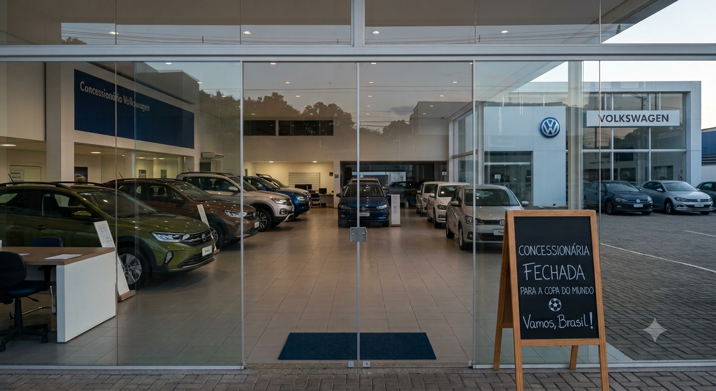 Glass-front car showroom with vehicles inside and a chalkboard sign at the entrance.
