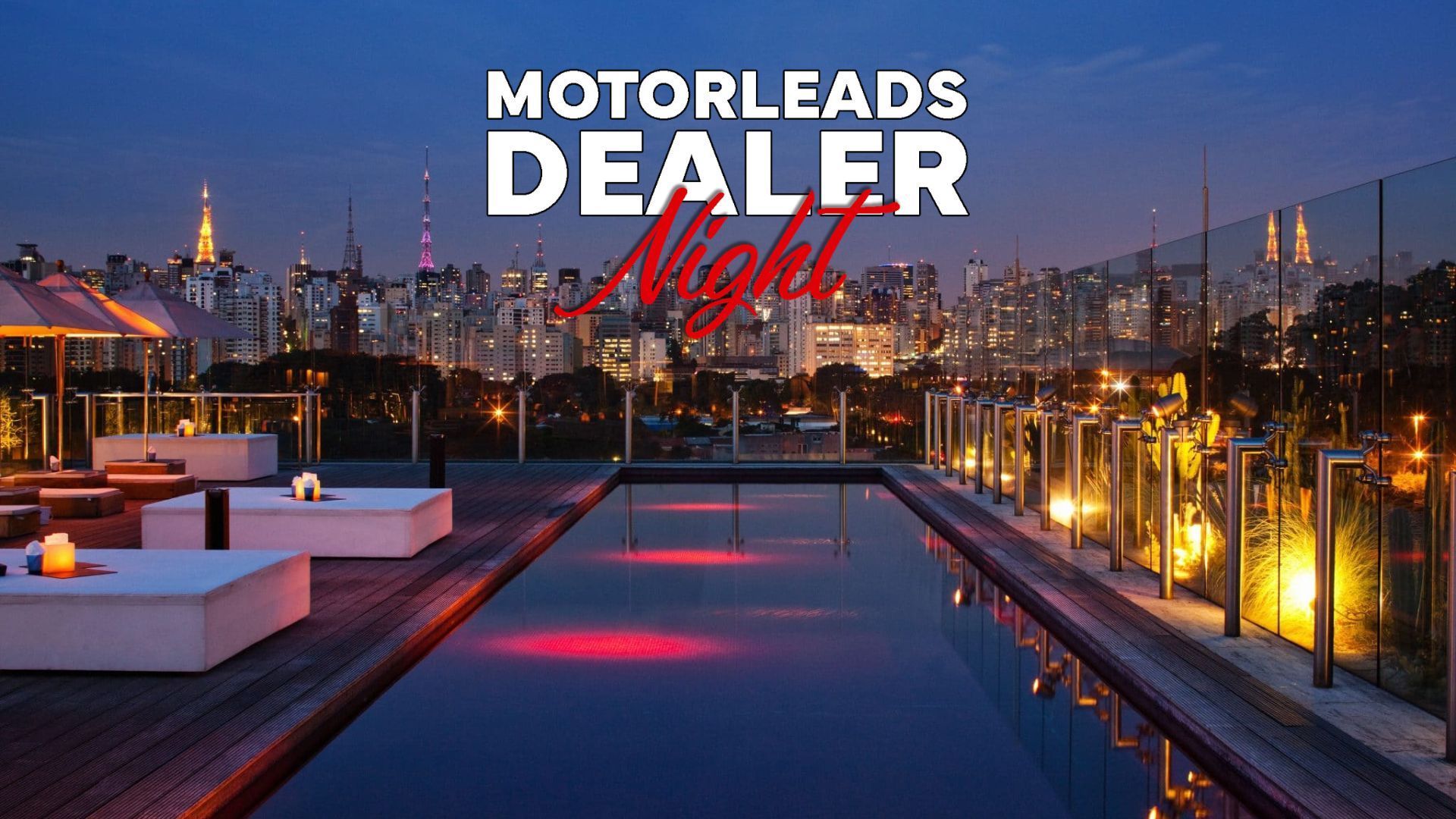 Night rooftop pool with city skyline at dusk and warm lights, MotorLeads “Desolar Night” sign in corner