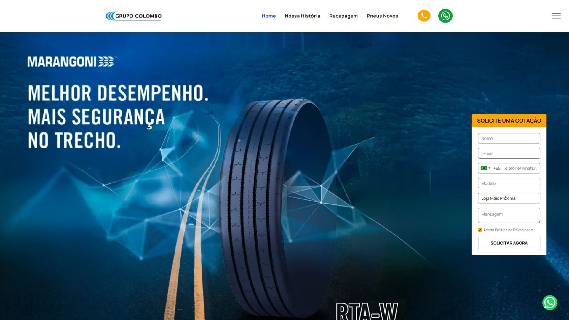 Banner de pneus com o texto “Melhor desempenho, mais segurança no trecho” sobre um fundo azul-escuro.