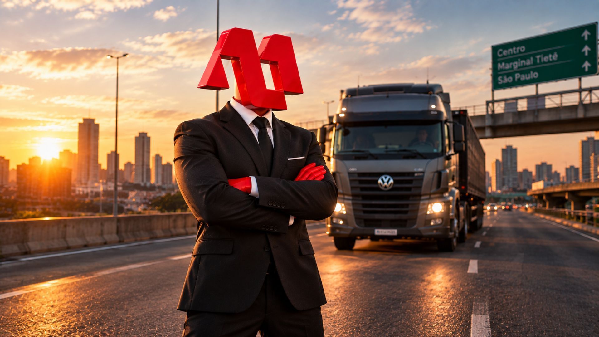 Scarecrow in a suit and straw hat stands in a field as a truck drives by at sunset