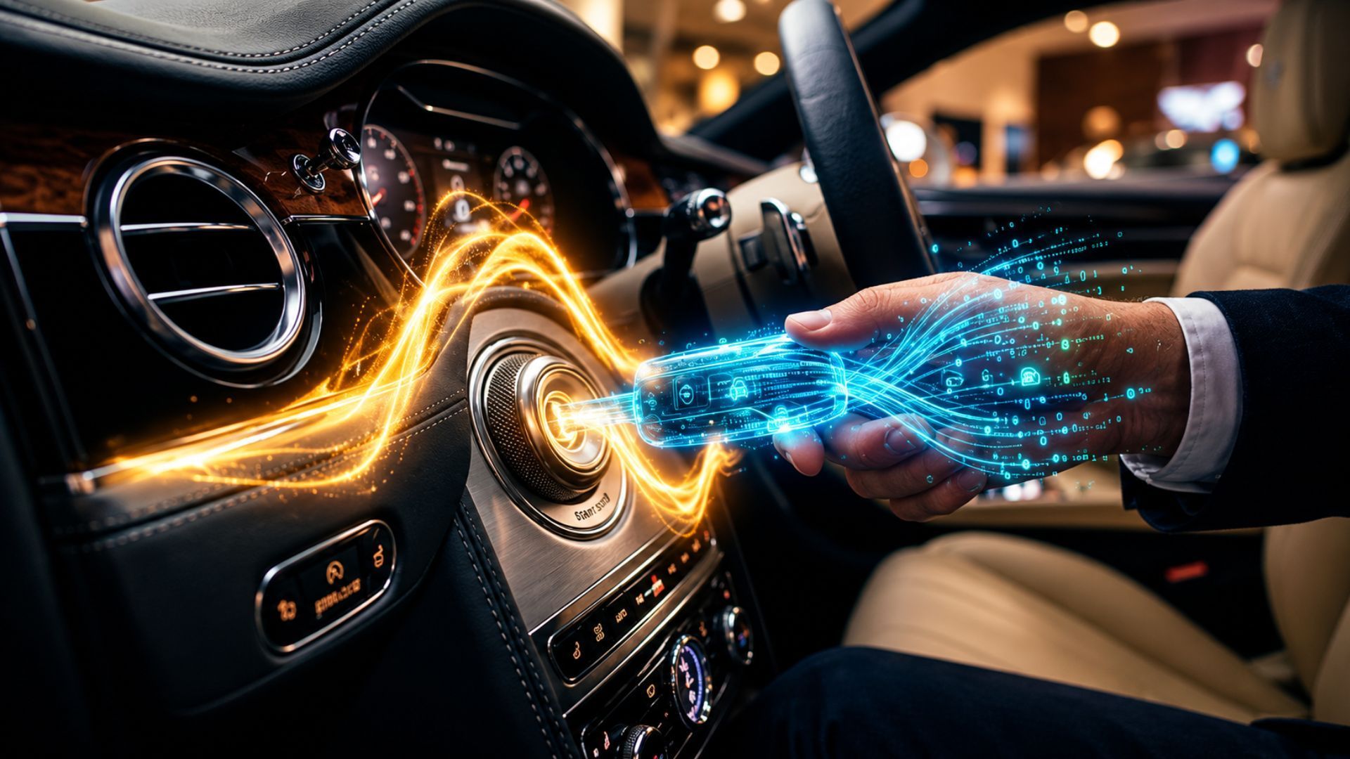 Hands reaching toward a car dashboard with glowing orange and blue digital energy effects